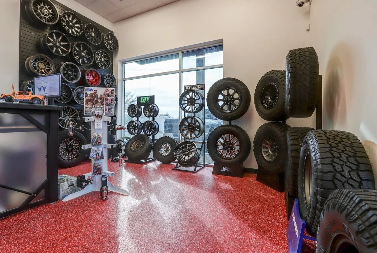 Jax Motorsports showroom wheel and tire display corner