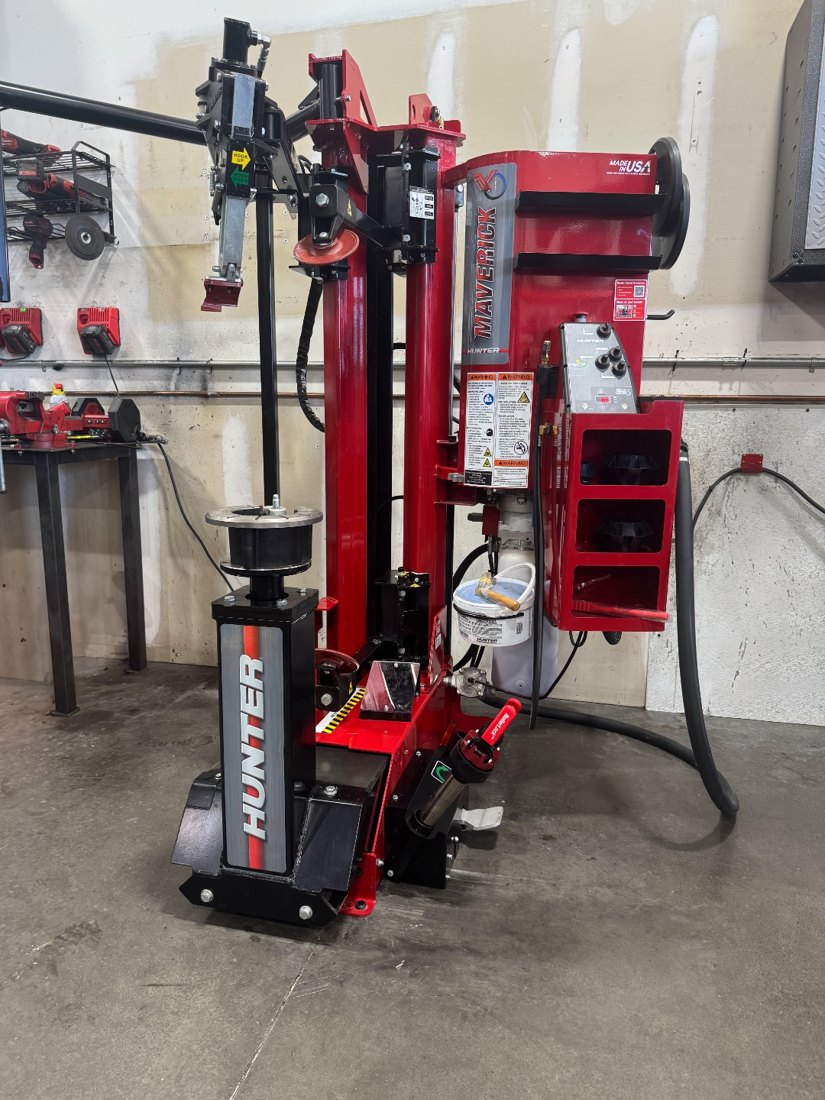 Hunter Maverick tire changer in the Jax Motorsports shop, a top-of-the-line machine for mounting nearly any wheel and tire