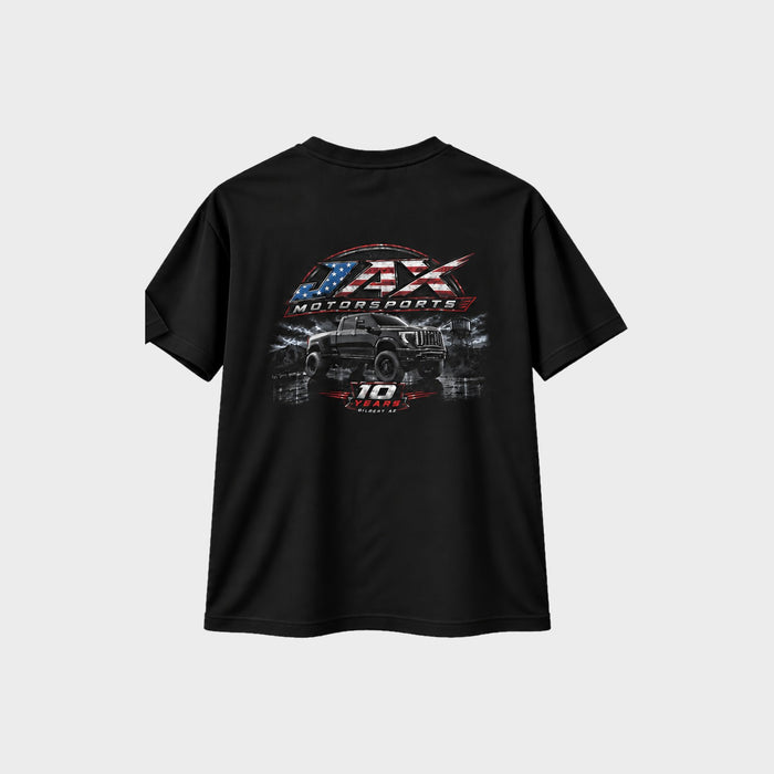 Back of the black Jax Motorsports 10 Year Anniversary shirt with flag logo, lifted truck and 10 Years Gilbert AZ graphic