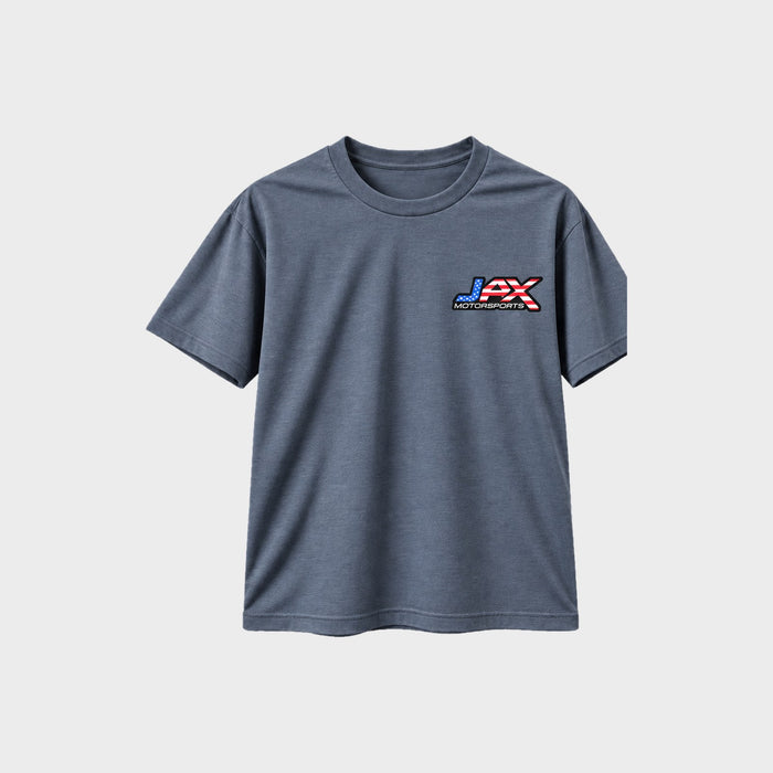 Front of the grey Jax Motorsports shirt with the American flag JAX Motorsports logo on the left chest