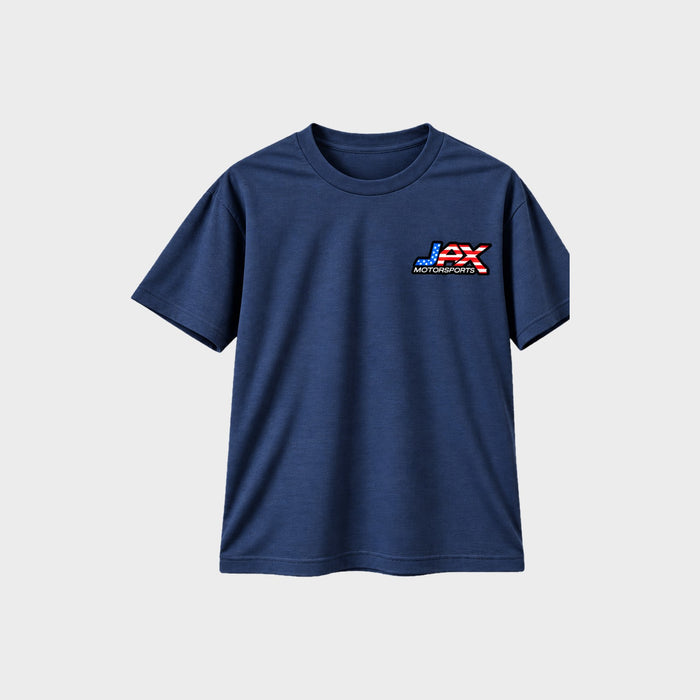 Front of the navy Jax Motorsports shirt with the American flag JAX Motorsports logo on the left chest