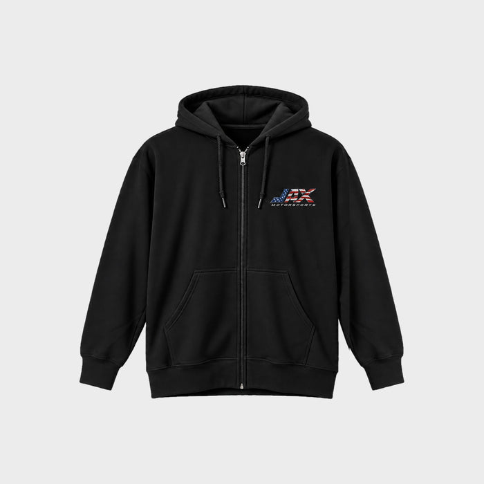 Front of the black Jax Motorsports zip-up hoodie with the American flag JAX Motorsports logo on the left chest