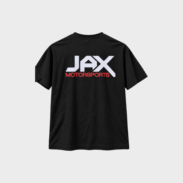 Back of the black Jax Motorsports original logo shirt with large white and red JAX Motorsports logo