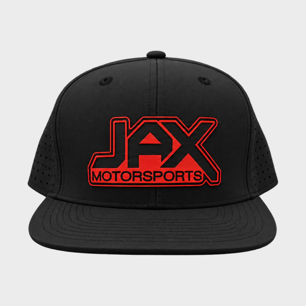 Front of the black Jax Motorsports snapback hat with red JAX Motorsports logo patch