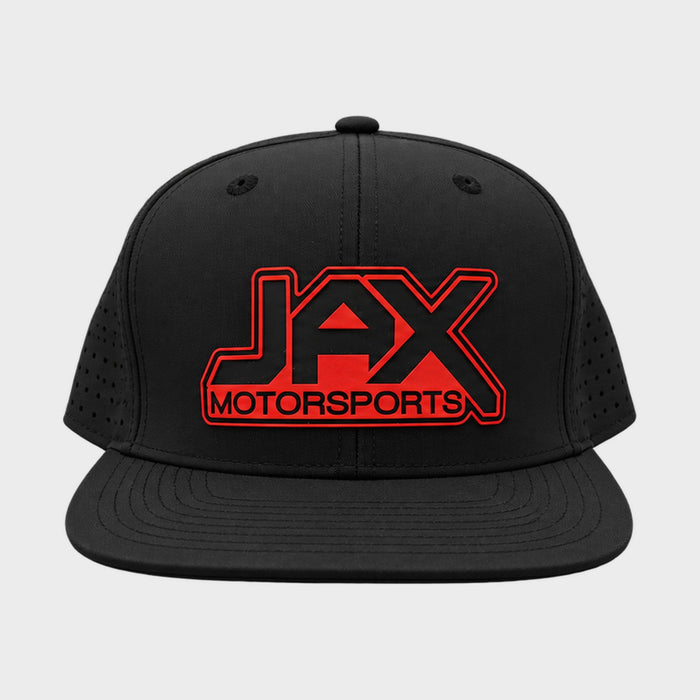 Front of the black Jax Motorsports snapback hat with red JAX Motorsports logo patch