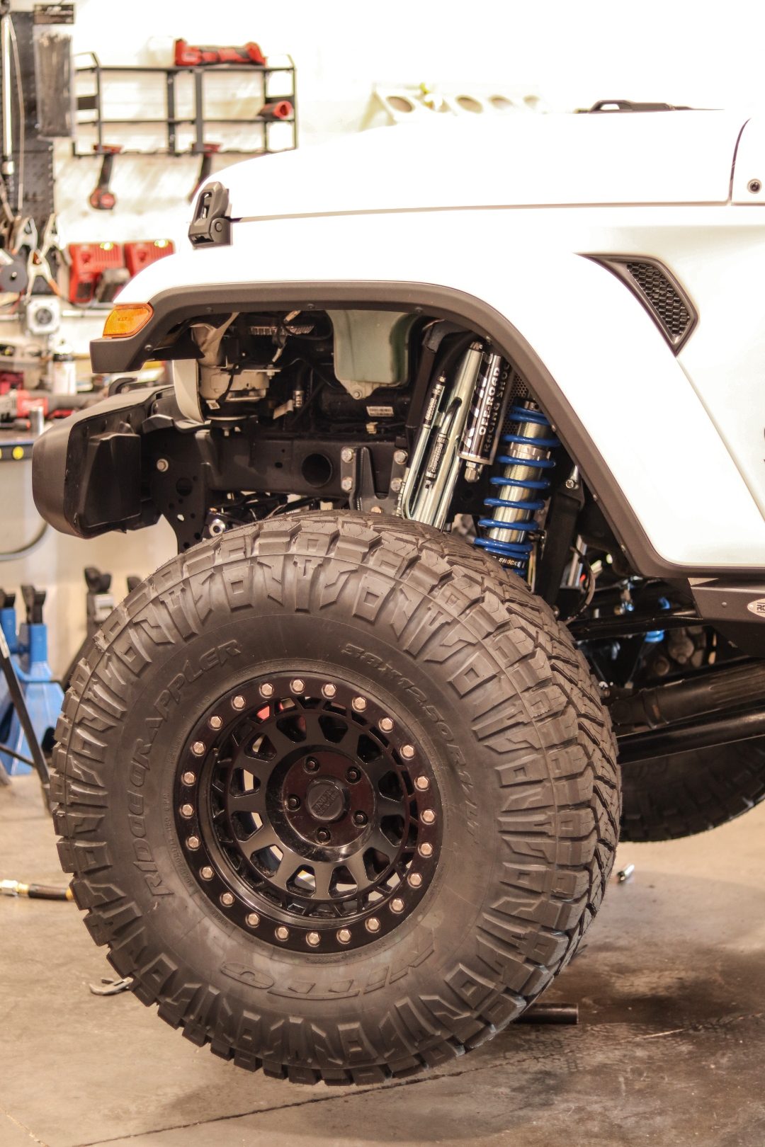 Front suspension detail showing the King coilover and bypass shocks