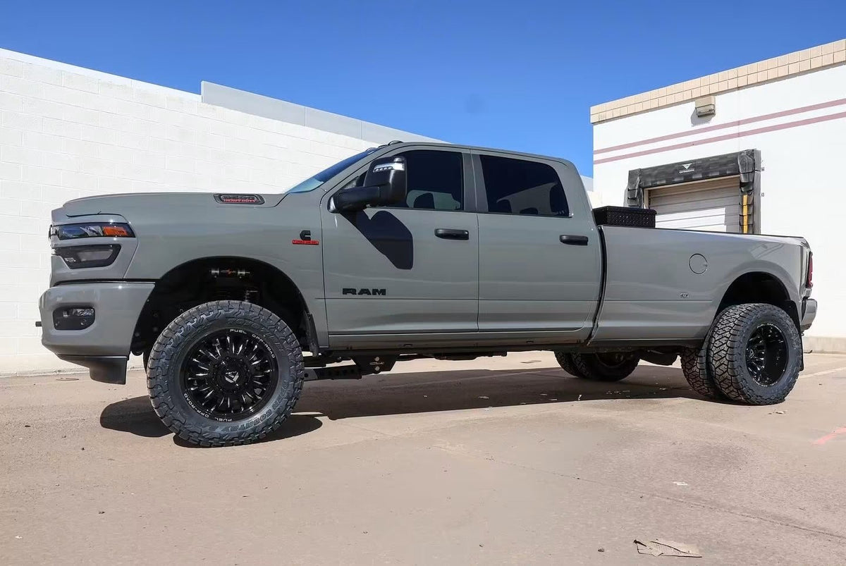 Full side profile of the lifted RAM 3500 dually