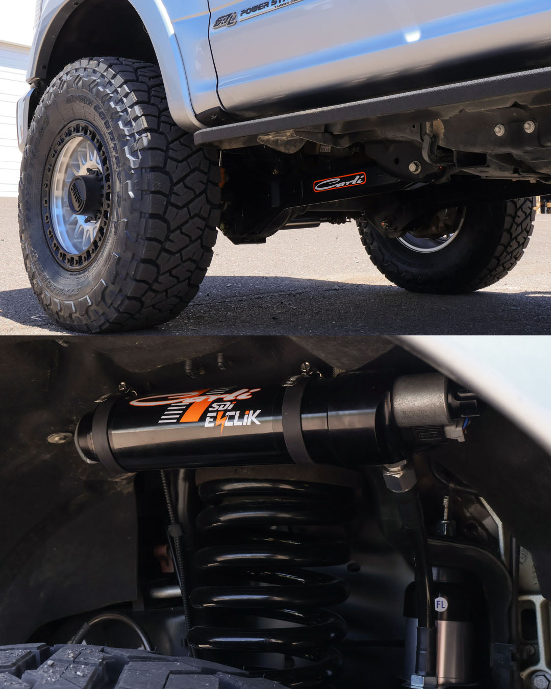 Ford Super Duty with Carli Suspension lift installed at Jax Motorsports in Gilbert, AZ, showing Carli E-Click front shock and coil spring